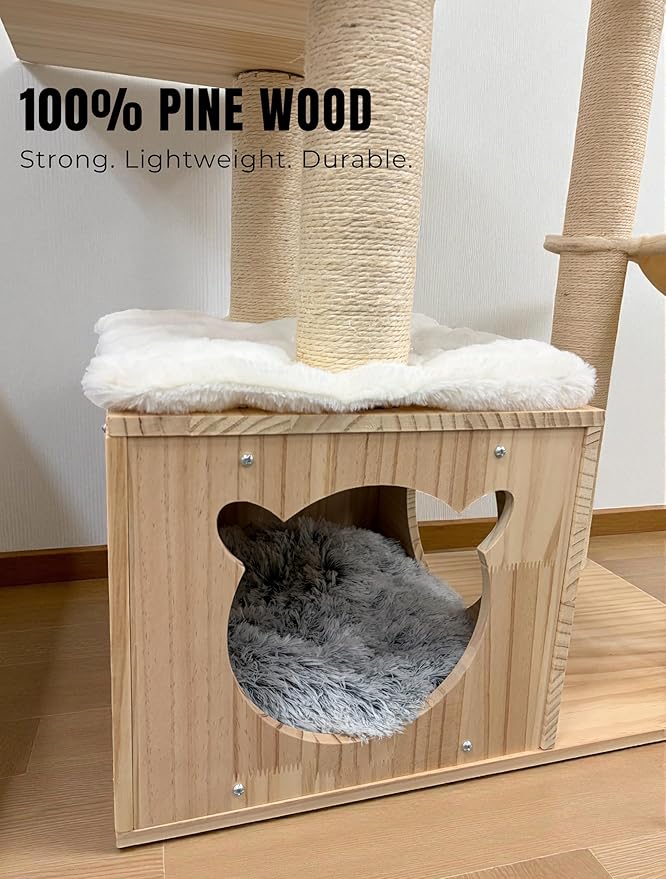 Multi-Level Pine Wood Cat Tree Tower for Indoor Large Cats - Solid Cat Condo House with Hammock - Sisal Scratching Posts - Sturdy Cat Furniture, 49", Beige