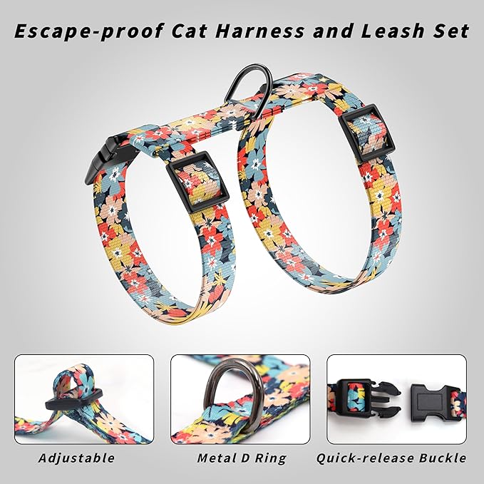 Cat Harness and Leash Set, Adjustable Kitten Harness Escape Proof Cats Harness, Soft Lightweight Walking Travel Pet Harness, Cute Kitty Harness Leash Set for Small Medium Cats, Multi-Floral