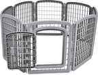 Amazon Basics 8-Panel Octagonal Plastic Dog Playpen, Indoor/Outdoor Pet Fence with Gate, Exercise Pen for Puppies and Small Animals, 28 inches, Grey