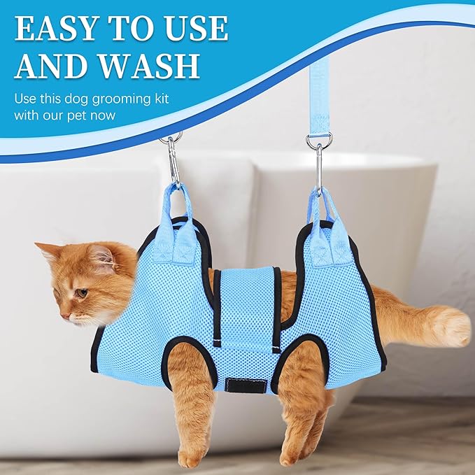 PatiencET Cat Grooming Hammock for Nail Trimming Pet Hammock for Small Dogs with Security Strap Dog Sling for Nail Clipping with Clippers Nail File and Pet Comb (Cerulean XS)