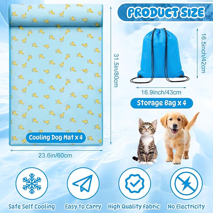 4 Pack Cooling Dog Mats with Supportive Pillow 23.6" x 31.5" Self Cooling Dog Pads Ice Silk Washable Pet Cool Mat Summer Cat Sleeping Pad with Storage Bag for Crate Bed Floor (Large, Blue)