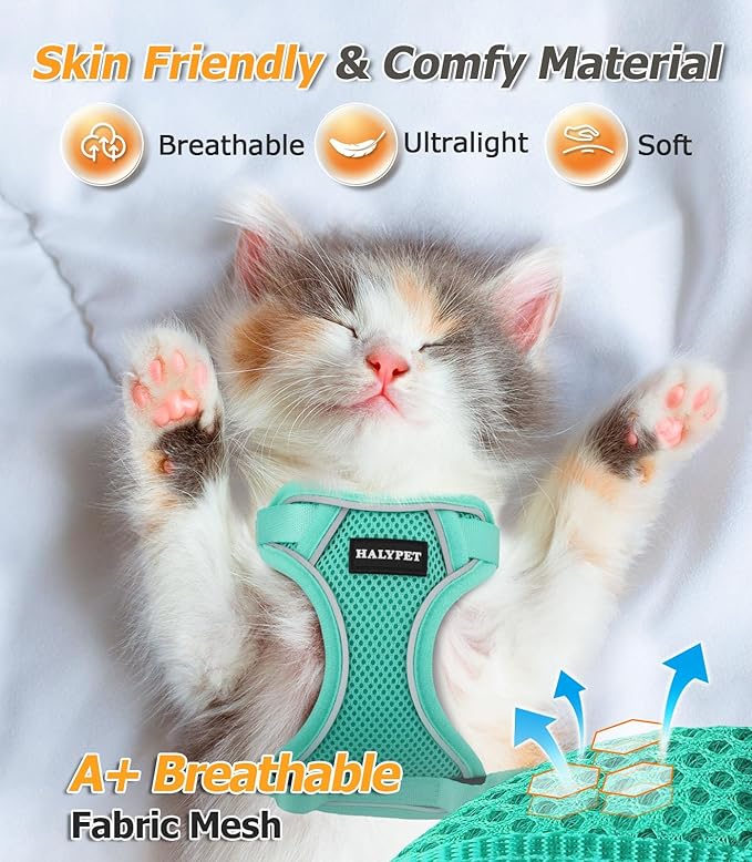 Halypet Cat Harness and Leash Set [MAX Safety 4th-Gen Upgrade] Escape Proof Adjustable Cat Leash Comfortable Soft Vest Easy to Wear Kitten Harness with Reflective Strip for Cats Walking, XS Green