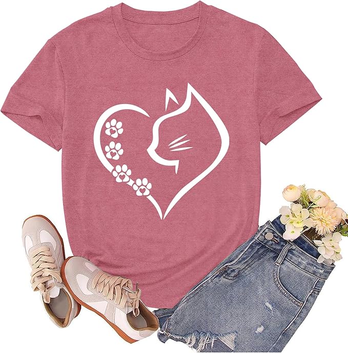 Cat Shirts for Women Cat Mom Tshirts Pet Lover Shirt Cats Paw Print Tee Tops