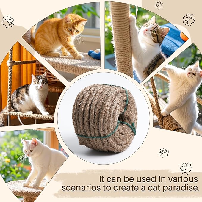 Sisal Rope for Cat Scratcher 1/4" 100 Ft Cat Tree Rope Twine for Repairing Cat Scratching Post Replacement DIY Hemp Rope for Carpet Mat Kicker House, Pet Toy, and Crafts Gardening Home Decorating
