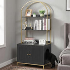 Homhedy Cat Litter Box Enclosure, Litter Box Furniture Hidden with 2-Tier Storage Shelves, Wooden Cat Washroom Furniture with Metal Frame, Modern Style, Black and Gold