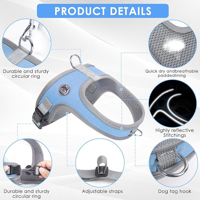 Dog Harness and Leash Set, No Pull Saddle Style Pet Harness, Breathable Mesh Adjustable Reflective Dog Vest for Dogs and Cat Medium Small Harness 2 D-Rings (Blue, L)