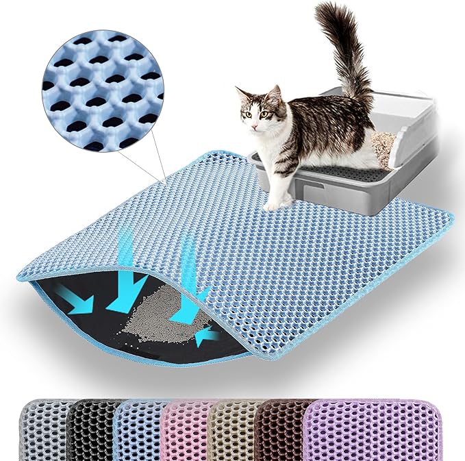 Jumbo Cat Litter Mat, 46x26 Inches Double Layer Honeycomb Litter Trapping Mat, Non Slip Waterproof Urine Proof Extra Large Cat Litter Box Mat, Kitten Supplies and Essentials, XXL, Blue