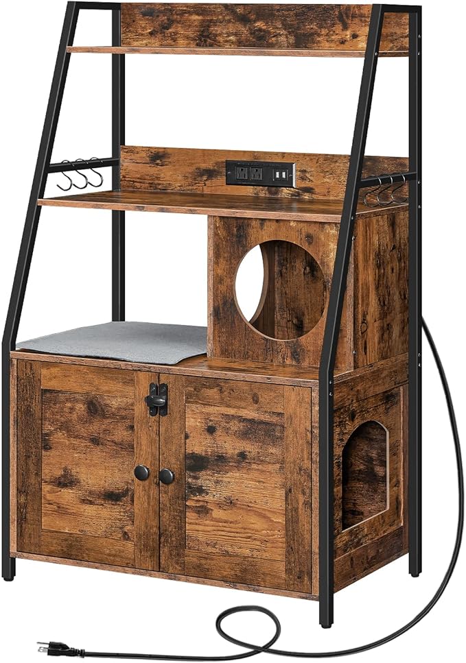 HOOBRO Litter Box Enclosure with 2 Storage Shelves, Tall Litter Box Furniture Hidden with Charging Station, Indoor Hidden Litter Box Furniture with Plush Mat, Rustic Brown and Black BF70UMW01