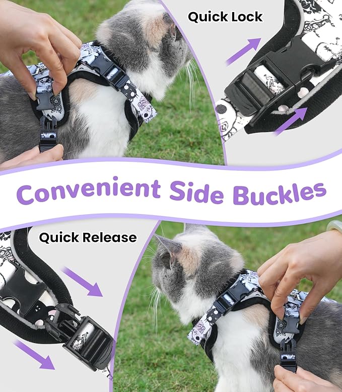 Halypet Cat Harness and Leash Set for Walking, Escape Proof Adjustable Vest Harness with 3-in-1 Integrated Buckles, Easy Control Soft Breathable Mesh with Reflective Strips for Cats, S, Moonlight Meow