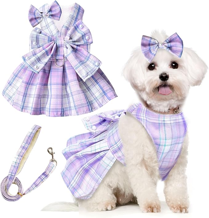 PETCARE Cute Dog Dress Clothes for Small Dogs Cats Girl Female Purple Plaid Bow Tie Dog Harness Dresses Leash Set with Pearls Bow Accessories Birthday Puppy Dress Shih Tzu Yorkies Chihuahua Outfits