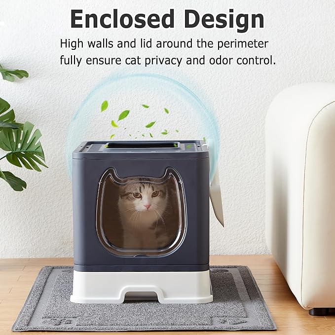 Gefryco Cat Litter Box with Lid, Top Entry Kitten Litter Box with Controlled Access, Covered Enclosed Cat Potty Odor Control for Small to Medium Cats, Scoop and Clean Brush Included (Black)