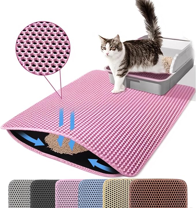 Extra Large Cat Litter Mat, 30x22 Inches Honeycomb Double Layer Cat Litter Trapping Mat, Non Slip Waterproof Urine Proof Large Kitty Litter Box Mat for Floor, Kitten Supplies, XL, Pink