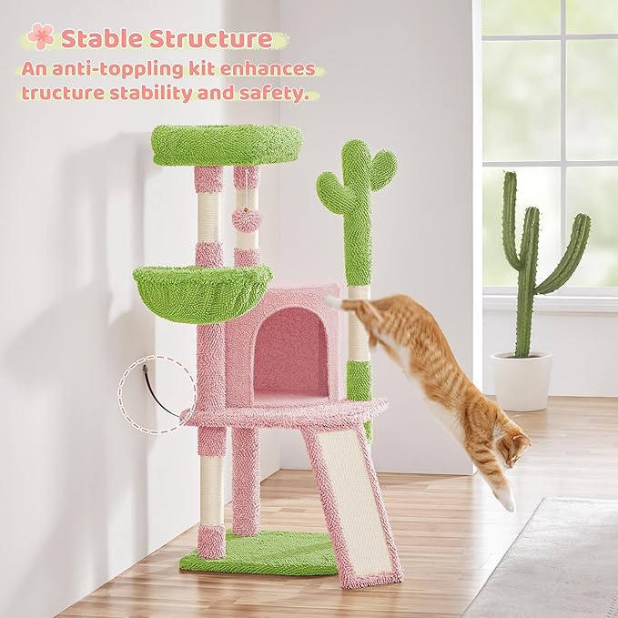Yaheetech Cactus Cat Tree, 42in Cat Tower for Indoor Cats, Multi Level Kitten Condo Scratching Post, Pet Activity Center Furniture w/Ball, Plush Perch, Platform, Basket, Pink/Green