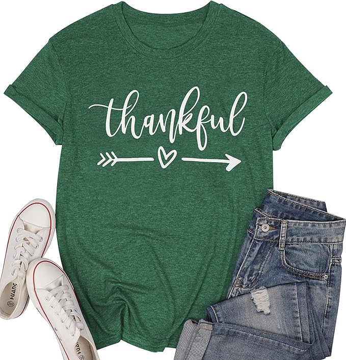 NIUBIA Women's T Shirts Summer Tops Simple Heart Graphic Shirts Sayings Short Sleeve Vacation Casual Blouse Thankful Tee