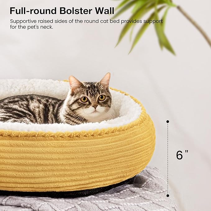 Love's cabin Round Donut Cat and Dog Cushion Bed, 20in Pet Bed for Cats or Small Dogs, Anti-Slip & Water-Resistant Bottom, Super Soft Durable Fabric Pet beds, Washable Luxury Bed Yellow Stripe