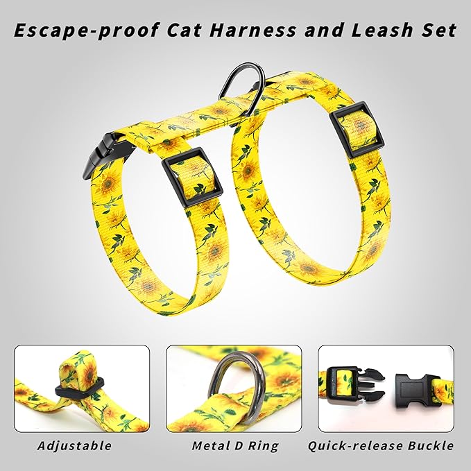 Cat Harness and Leash Set, Adjustable Kitten Harness Escape Proof Cats Harness, Soft Lightweight Walking Travel Pet Harness, Cute Kitty Harness Leash Set for Small Medium Cats, Yellow Sunflower