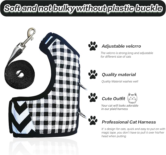 Cat Harness and Leash for Walking Escape Proof, Adjustable Cat Vest Harness, Padded Stylish Cat Walking Jackets, Black Plaid, Large