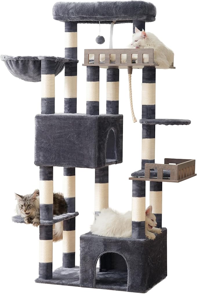 Maine Coon Cat Tree, Heavy Duty Cat Tree for Indoor Cats Large Adult, Cat Tower for Large Cats 20 lbs+ with Hammock, 2 Big Perches, 2 Cat Condos, 15 Scratching Posts, Smoky Gray GCT033G