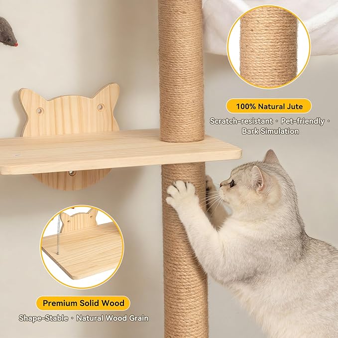 COZIWOW Cat Tree Wall Mounted 4 Tier Cats Climbing Tower 69" Sisal Scratching Post, Cat Wall Shelves Kitten Furniture with Hammock Hanging Toys Wild Simulation, Large Perch Suitable for Lookout