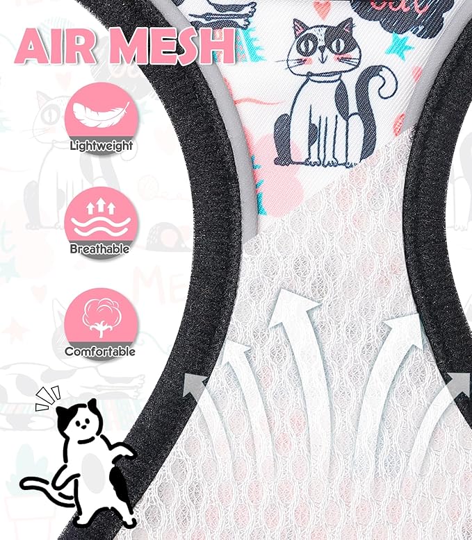 Halypet Cat Harness and Leash Set[MAX Safety 4th-Gen] Cute Escape Proof Vest Harness for Girl&Boy Cat Walking, Comfortable Adjustable Leash and Reflective Strips for Outdoor Kitten, M Inky Meowy