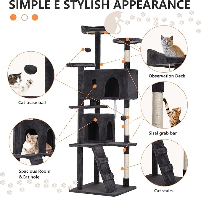BestPet | 70" Cat Tree Tower | Dark Gray | Sturdy, Easy to Assemble, Multi-Level Activity Center with Sisal Scratching Posts, Condos, Perches, Hanging Cat Toys, Observation Decks & Ladder