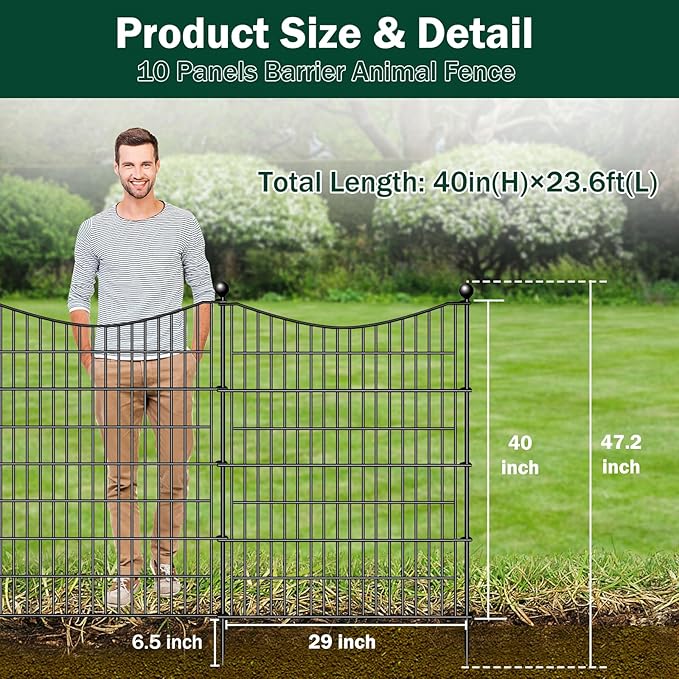 10 Panels Decorative Garden Fence with Gate, 40 in(H) X 23.6 ft(L) No Dig Dog Fence Animal Barrier Outdoor for Yard, Rustproof Metal Garden Edging and Borders, Temporary Fencing Stakes