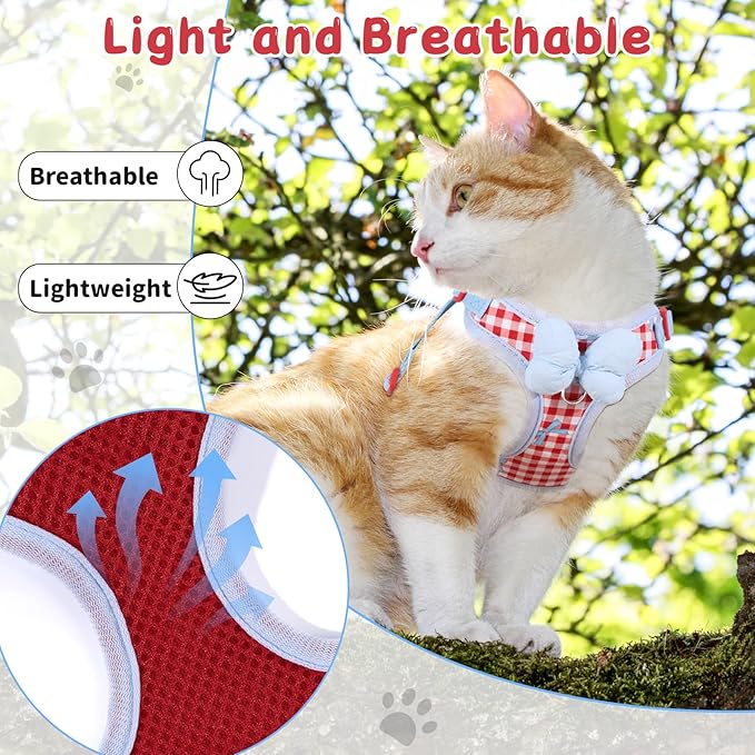 Cat Vest Harness and Leash Set for Walking Escape Proof, Adjustable Kitten Harness and Leash Set Breathable Mesh with Bow Harness for Kitty Puppy Bunny(Red Medium)