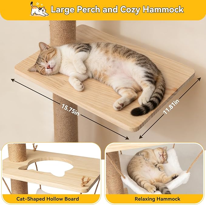 COZIWOW Cat Tree Wall Mounted 4 Tier Cats Climbing Tower 69" Sisal Scratching Post, Cat Wall Shelves Kitten Furniture with Hammock Hanging Toys Wild Simulation, Large Perch Suitable for Lookout