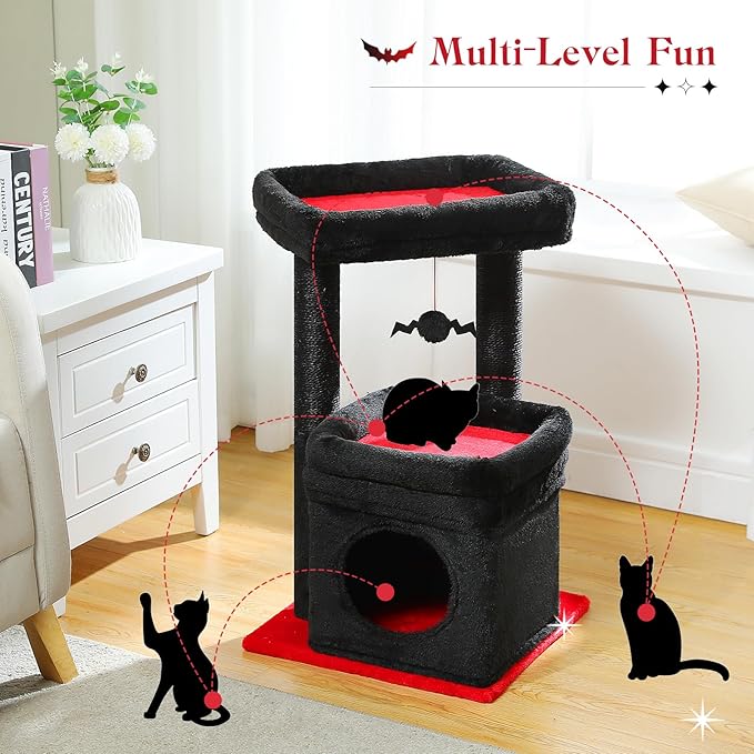 PEQULTI Cat Tree Gothic Cat Tower for Indoor Cats with Private Cozy Cat Condo, Natural Sisal Scratching Posts and Plush Pom-pom for Small Cats Black