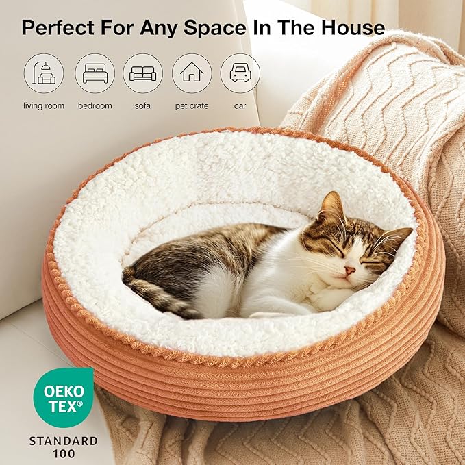 Love's cabin Round Donut Cat and Dog Cushion Bed, 20in Pet Bed for Cats or Small Dogs, Anti-Slip & Water-Resistant Bottom, Super Soft Durable Fabric Pet beds, Washable Luxury Cat Dog Bed Orange Stripe