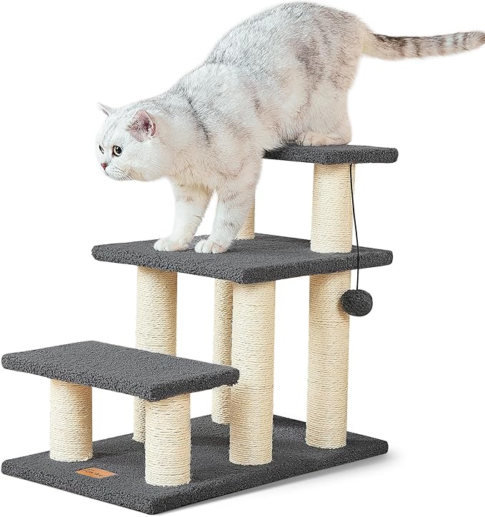 Pawque Dog Stairs & Cat Scratching Post Pet Steps for High Beds Couch, High-Strength Boards Holds up to 150 lbs for Indoor Small Cats Kittens Dogs Climbing Playing, 3 Combination Options, 3 Steps-Grey