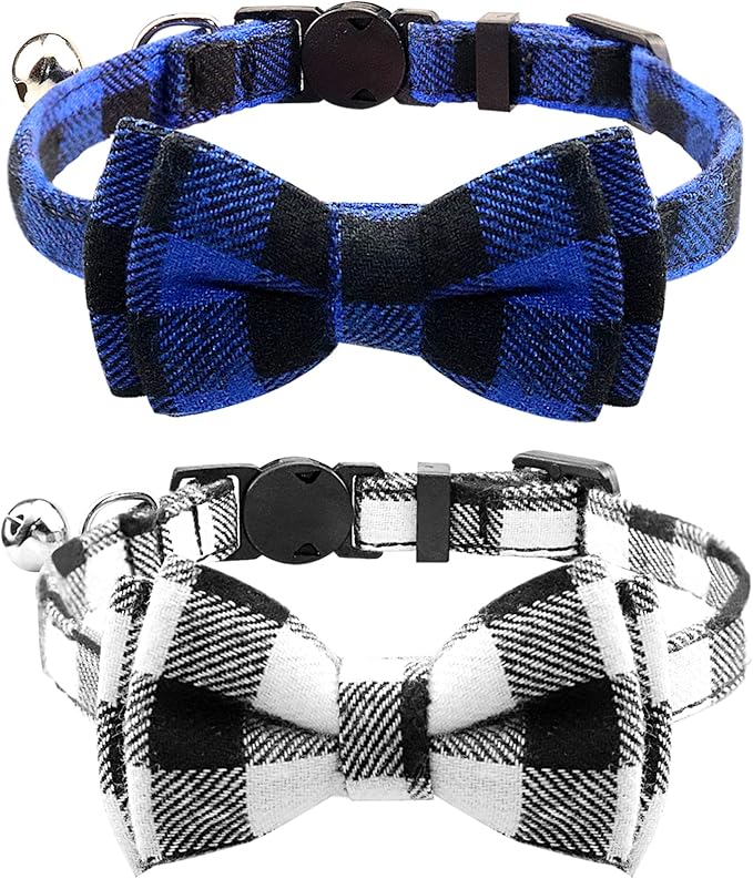 Joytale Upgraded Cat Collar with Bells, Breakaway Cat Collars with Bow Tie, 2 Pack Girl Boy Safety Plaid Kitten Collars, Black+Blue