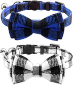 Joytale Upgraded Cat Collar with Bells, Breakaway Cat Collars with Bow Tie, 2 Pack Girl Boy Safety Plaid Kitten Collars, Black+Blue