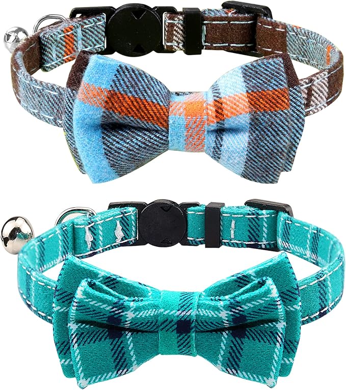 Joytale Upgraded Cat Collar with Bells, Breakaway Cat Collars with Bow Tie, 2 Pack Girl Boy Safety Plaid Kitten Collars, Haze Blue+Teal