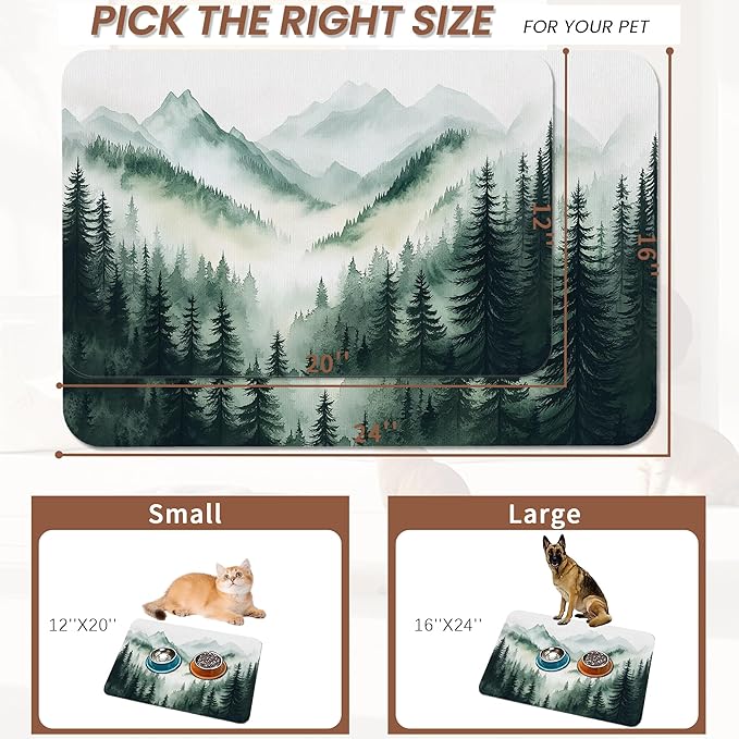 Misty Forest Mountain Dog Food Mat for Floors,Absorbent Quick-Dry Pet Feeding Mat,Cat Dog Bowl Mats for Food and Water,Non-Slip Pet Accessories Supplies 16"x24"
