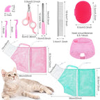 10 Pcs Cat Bathing Bag Set Pet Mesh Shower Bag Anti Bite and Scratch Pet Grooming for Washing Brush, Cat Muzzle, Nail Clipper, Nail File, Tick Tool(Blue and Pink)