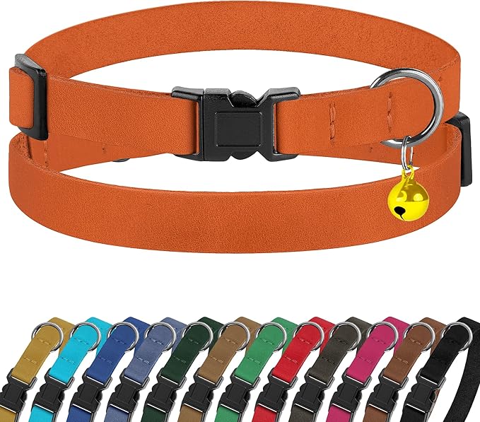 Breakaway Cat Collar Leather with Removable Bell - 13 Colors Available - Soft Adjustable Girl Boy Safety Lightweight Pet Kitten Collars Pink Brown Blue Green Red Orange Black (Orange)