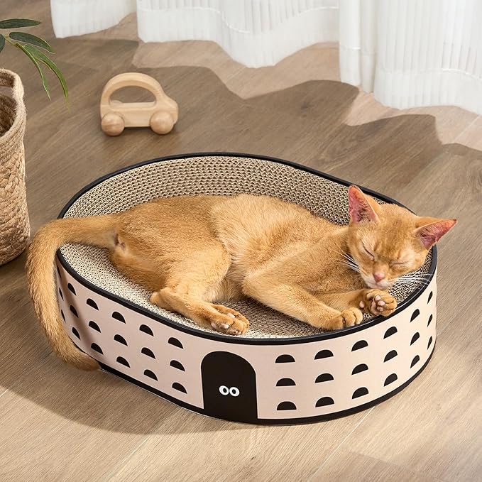 Oval Cat Scratcher Bed, 2-in-1 Cat Scratching Board, Natural Corrugated Cardboard Scratch Pad Lounge, Sealed Base Traps Debris,No Assembly Kitty Furniture,Stylish Colors Blends Any Home Decor