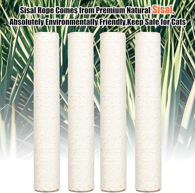 PowerKing Natural Sisal Replacement Scratching Post, 4 Pieces M8 Cat Scratch Post Refill Pole Parts for Refurbishment, White, Include Screws,15.74''+15.74''+7.87''+7.87''