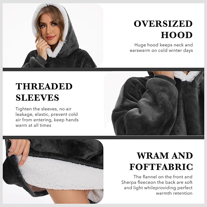 Wearable Blanket Hoodie with Giant Pocket, Soft Warm Sherpa Fleece Oversized Blanket Sweatshirt Gifts for Women Men