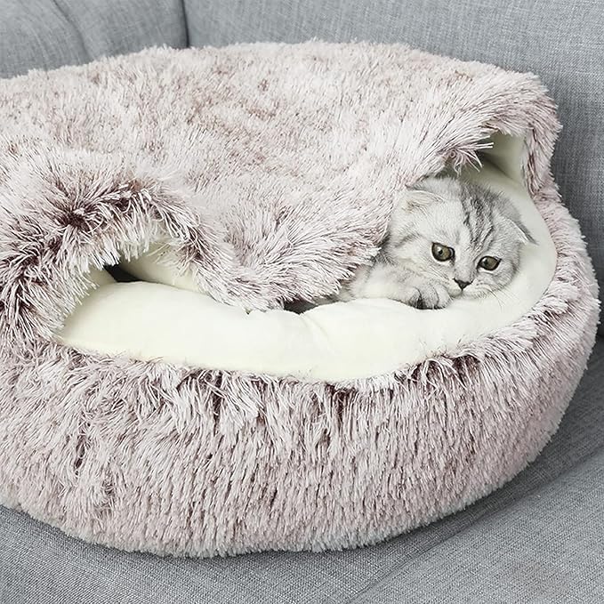 ShinHye Cat Bed Round Plush Fluffy Hooded Cat Bed Cave, Cozy for Indoor Cats or Small Dog beds, Soothing Pet Beds Doughnut Calm Anti-nxiety Dog Bed - Waterproof Bottom Washable, (23×23inch, Coffee)