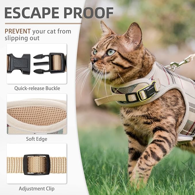 PUPTECK Soft Mesh Cat Vest Harness and Leash Set Puppy Padded Pet Harnesses Escape Proof for Cats Small Dogs Rabbits Bunny, Plaid Beige, L