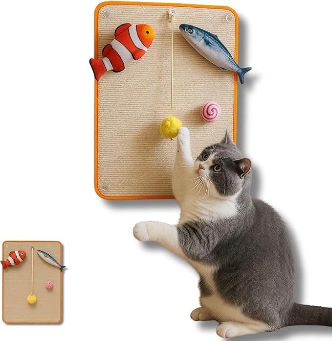 28 Inch Cat Wall Scratcher Pad with Toys – Hanging Sisal Scratch Board Kit for Indoor Cats, Includes Catnip Fish & Teaser Ball (Light Brown)