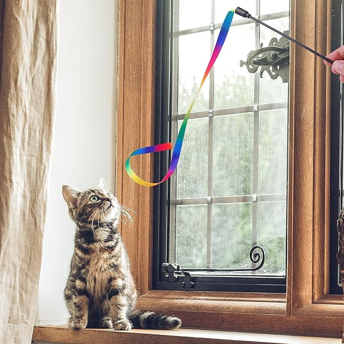 Cat Wand Interactive Toy, 5 Sets Colorful Fabric Ribbon Sticks, Indoor Interactive Cat String Toy