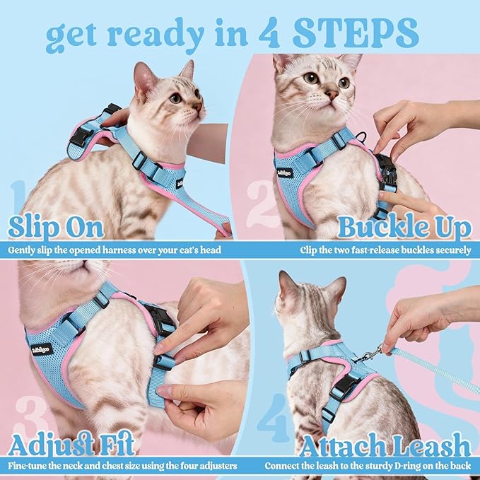 rabbitgoo Cat Harness and Leash for Walking, Escape Proof Soft Adjustable Vest Harnesses for Cats, Easy Control Breathable Reflective Strips Jacket, Light Blue&Pink, S