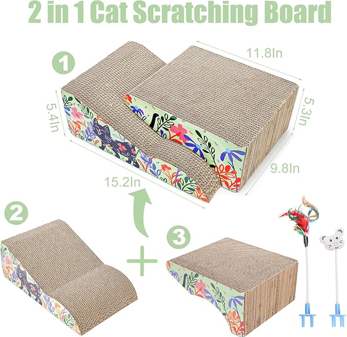 WUWEOT 2 in 1 Cat Scratching Board, Removable Cardboard Scratching Pad, Large Cat Lounge Sofa with Detachable Toy for Indoor Cats to Rest, Grind Claws and Play