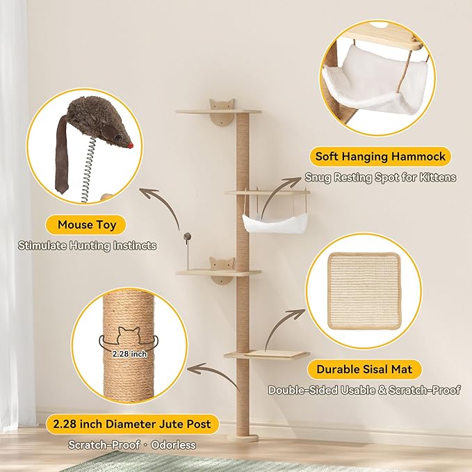 COZIWOW Cat Tree Wall Mounted 4 Tier Cats Climbing Tower 69" Sisal Scratching Post, Cat Wall Shelves Kitten Furniture with Hammock Hanging Toys Wild Simulation, Large Perch Suitable for Lookout