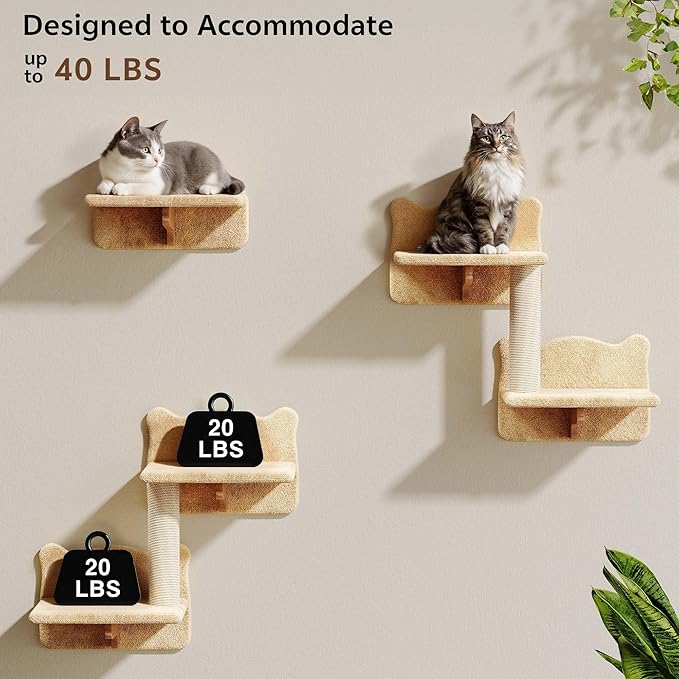 Cat Wall Shelves, Wall Mounted Pet Shelf Furniture w/Plush Fabric(20 Piece Set), 63''H Cat Tower w/Scratching Posts, Cats Furniture with 40''L Tunnel, Condos, House, Steps and Ladder, Beige