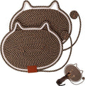 2 PC Cat Scratcher Mat - Natural Cotton Rope Oval Horizontal Scratch Pad (11''x13.7'') with Dangling Ball Toy, Cat Ear Design, Furniture Protector for Floor/Wall, Durable Handmade (Balck, 2 PC)