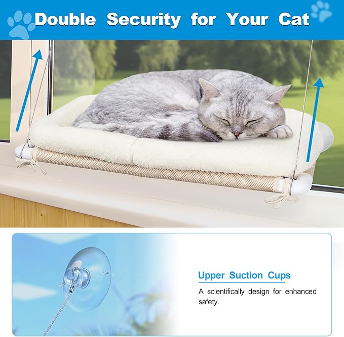 Fluffy Cat Window Bed for Indoor Cats – Strong Suction Cup Hammock with Breathable Mesh and Soft Cushion, Supports Large Cats
